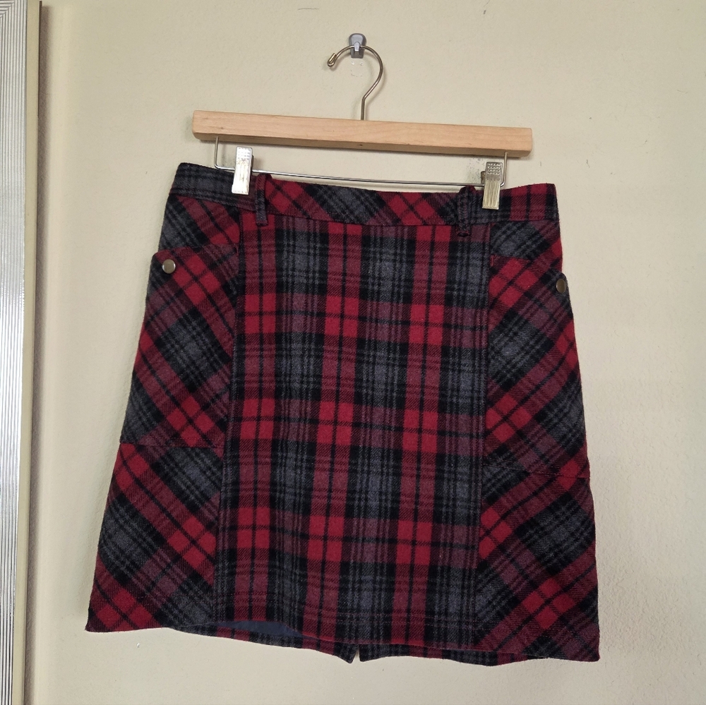Eddie Bauer Wool Blend Red Gray Plaid Mini Skirt